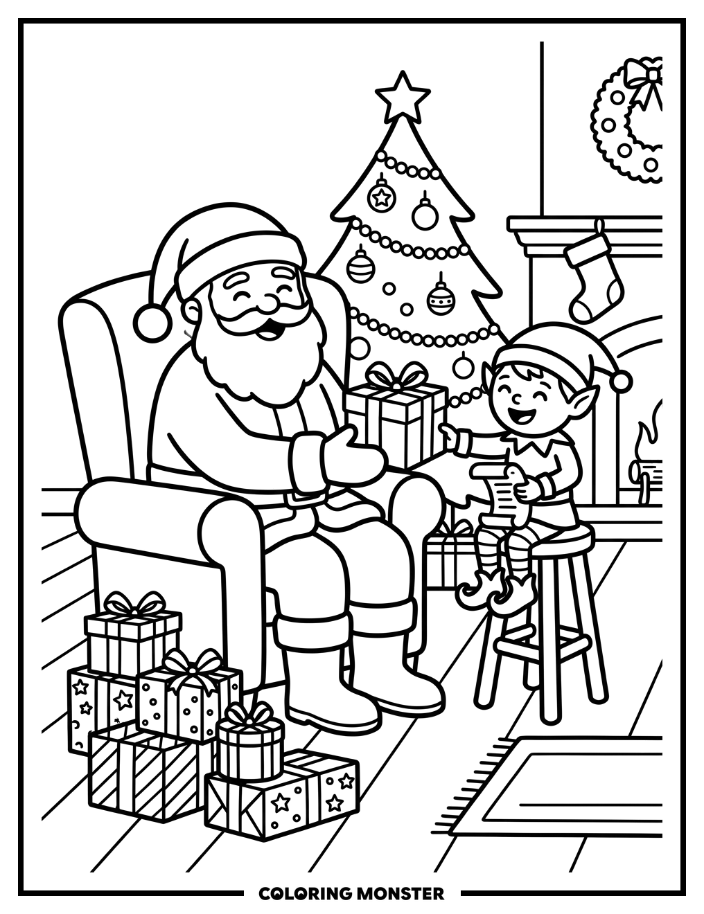 Santa Claus Giving Gifts To Elf Coloring Page