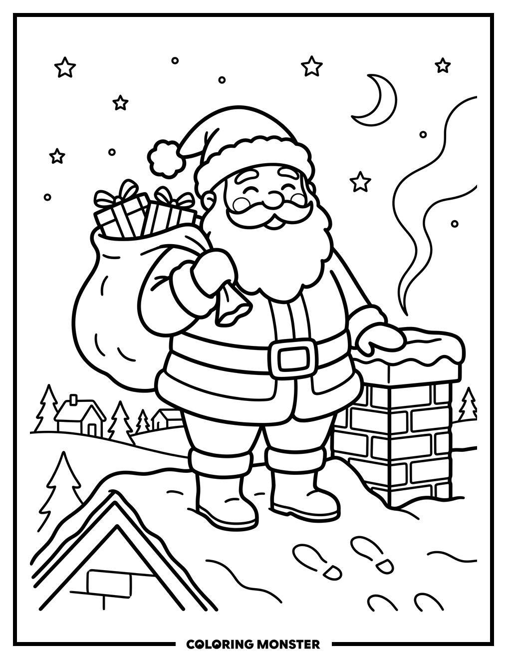 Santa Claus on a Snowy Rooftop Coloring Page
