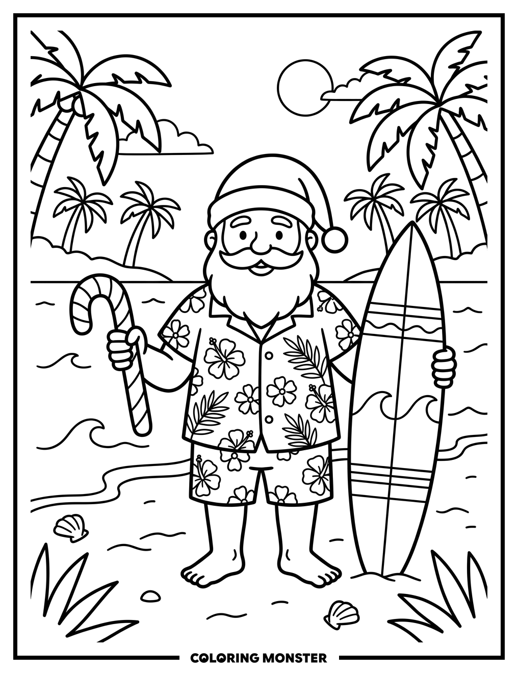 Santa Claus On A Tropical Beach Coloring Page