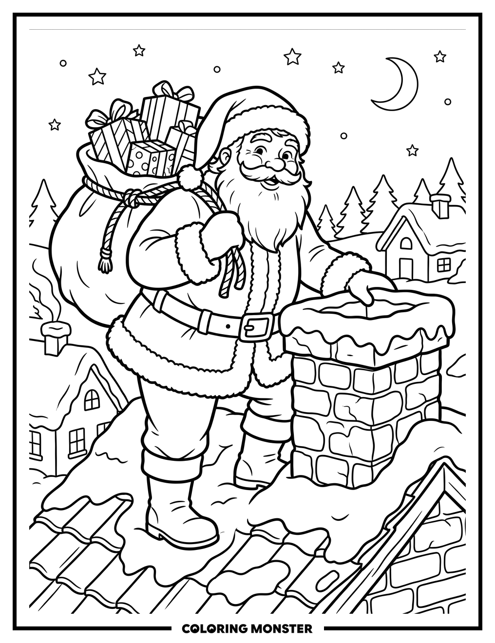 Santa Claus On Snowy Rooftop Coloring Page