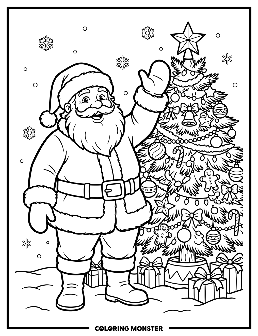Santa Claus Waving by Christmas Tree Coloring Page