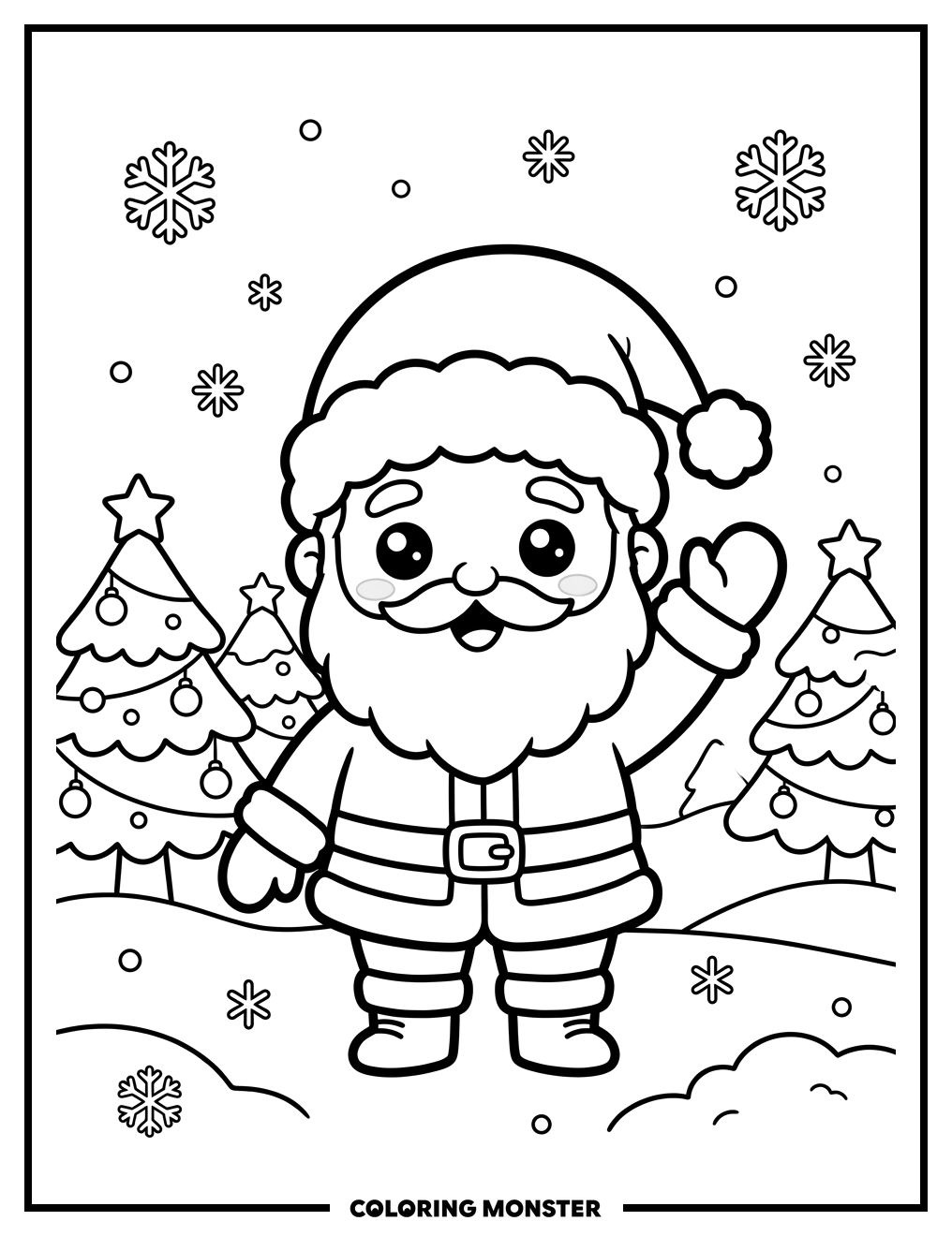 Santa Claus Waving in Snowy Woods Coloring Page