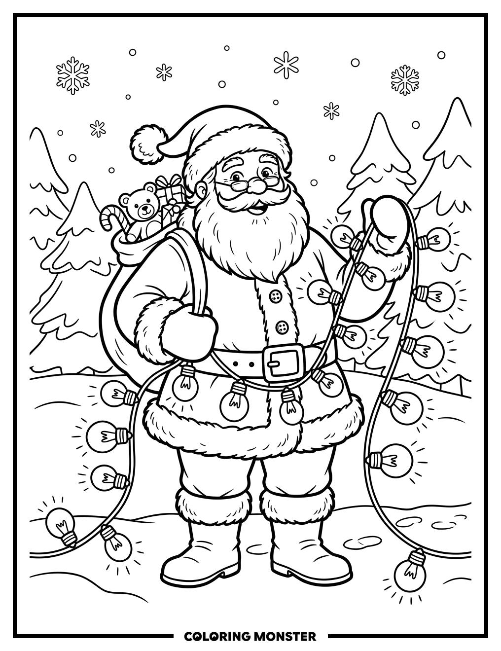 Santa Claus With Christmas Lights Coloring Page