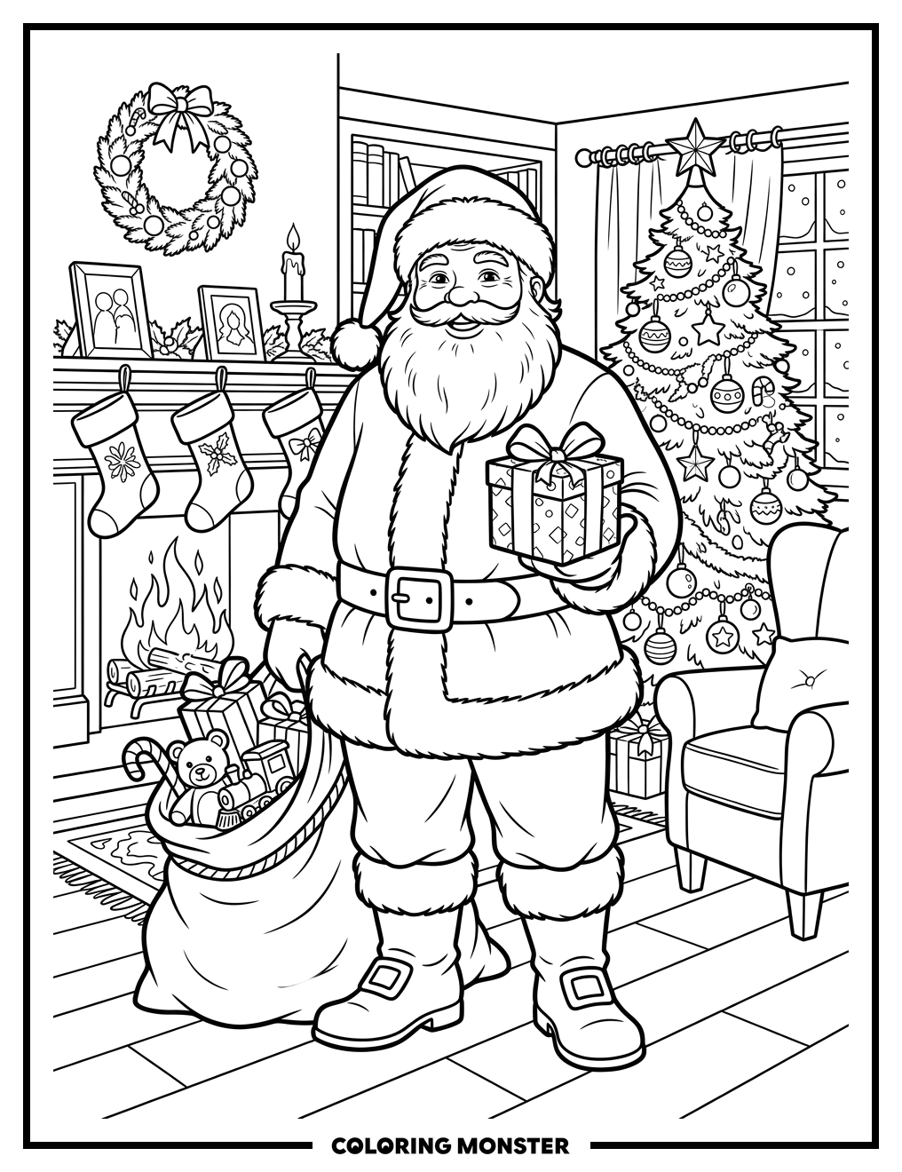 Santa Claus With Gifts By Christmas Tree Coloring Page