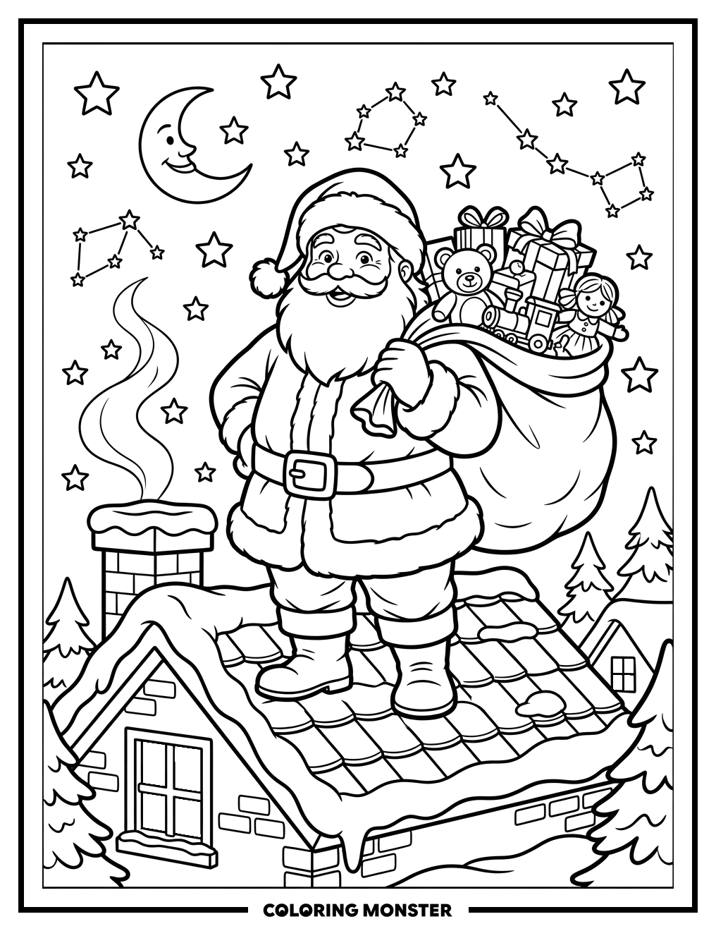 Santa Claus With Gifts On Rooftop Coloring Page