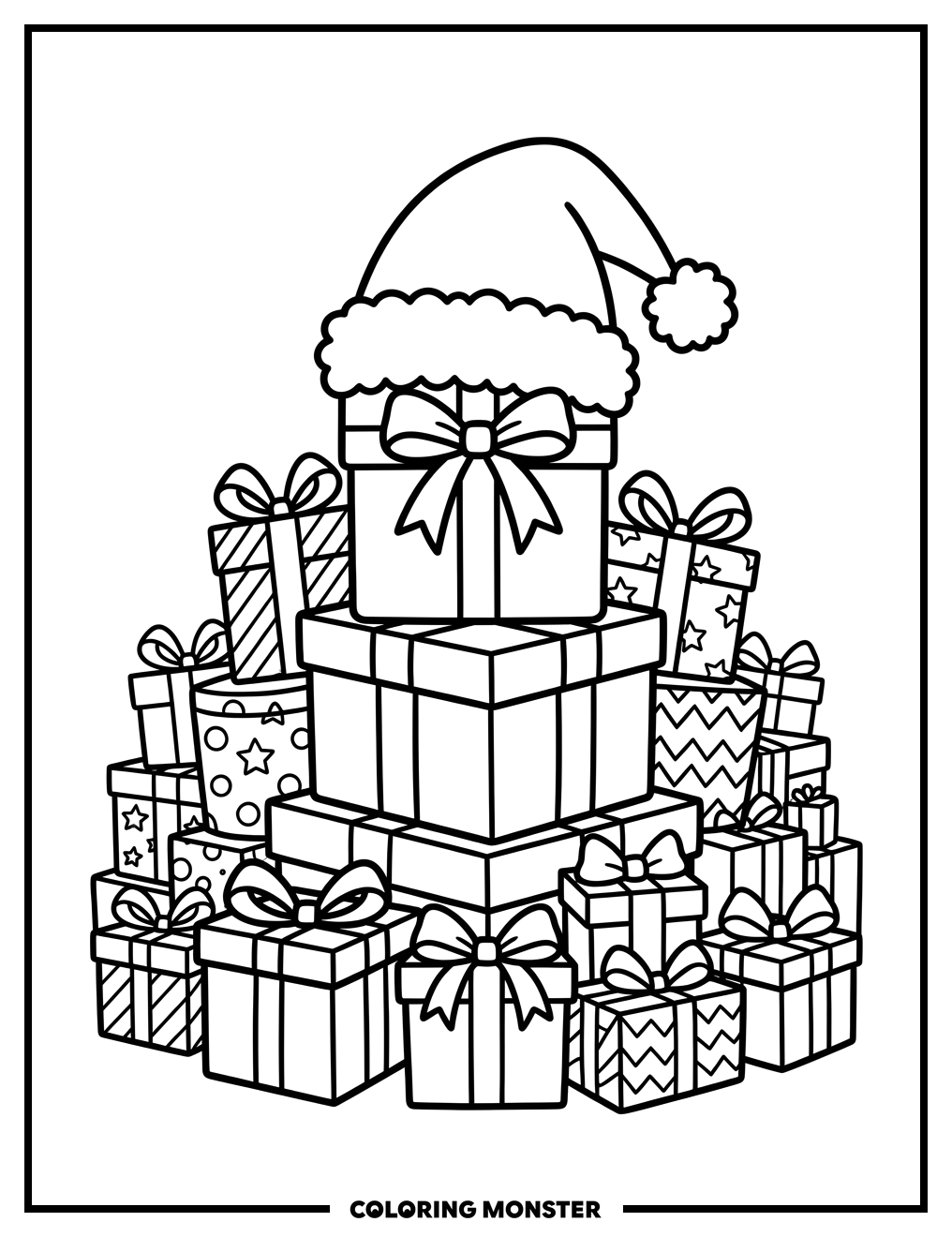 Santa Hat and Gift Boxes Coloring Page