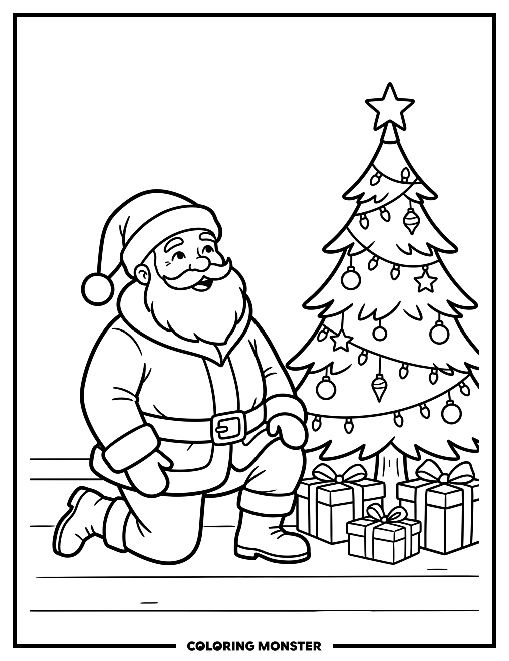 Santa Kneeling by Christmas Tree Coloring Page