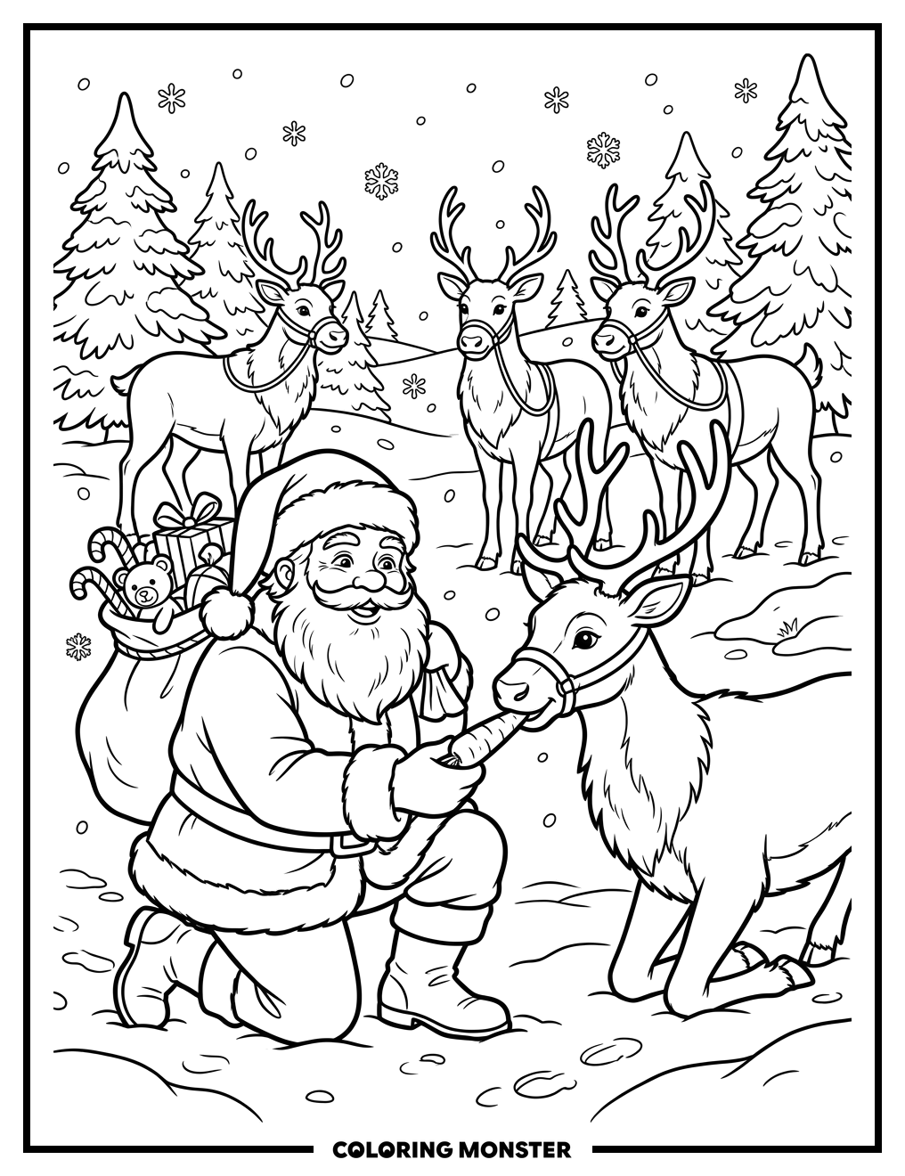 Santa Offers Carrot To Reindeer Coloring Page