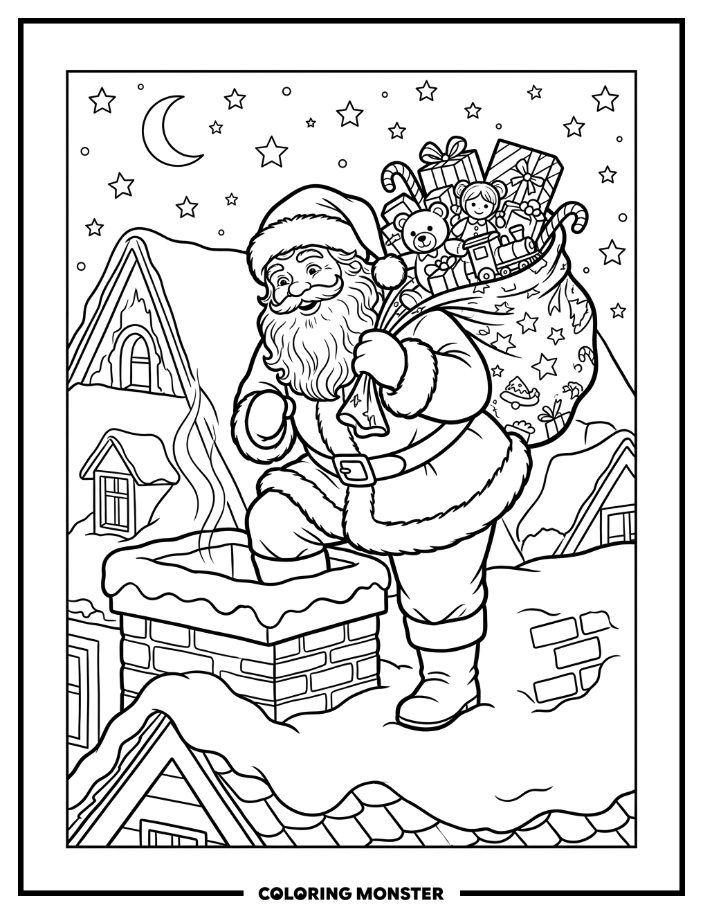 Santa On Snowy Rooftop Coloring Page