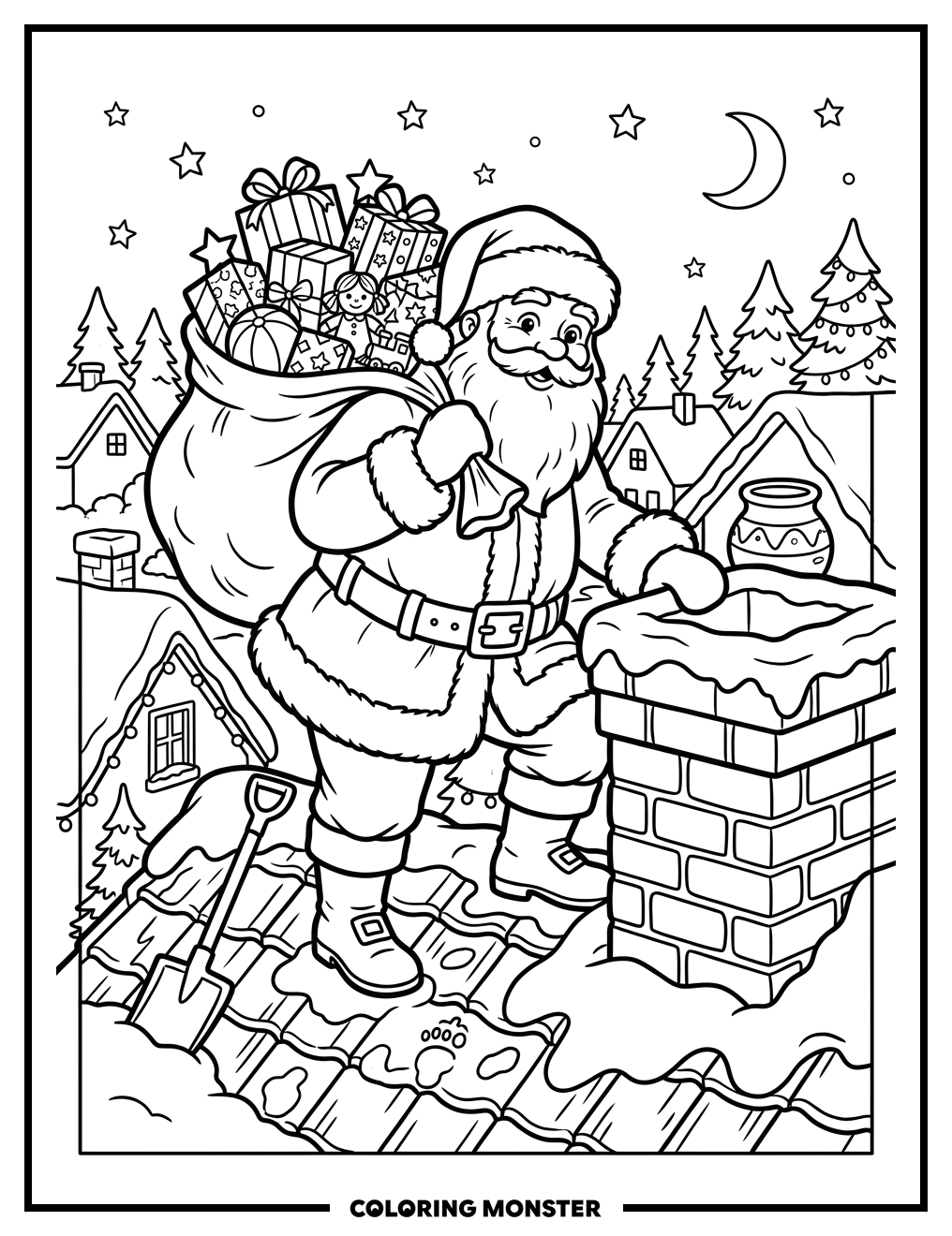 Santa On Snowy Rooftop Coloring Page