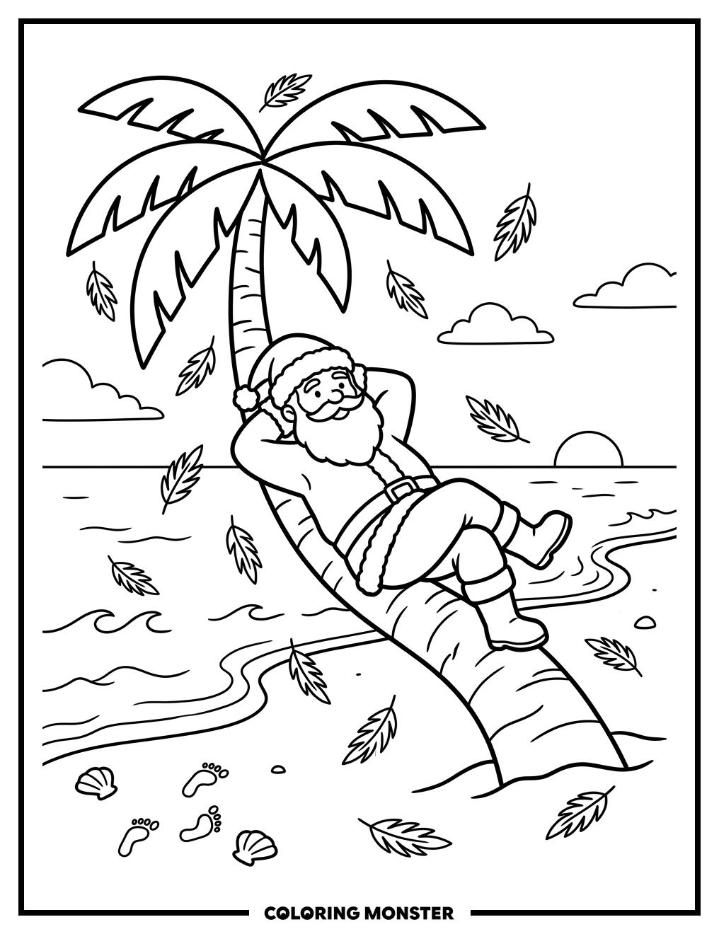Santa Relaxing In A Palm Tree Coloring Page