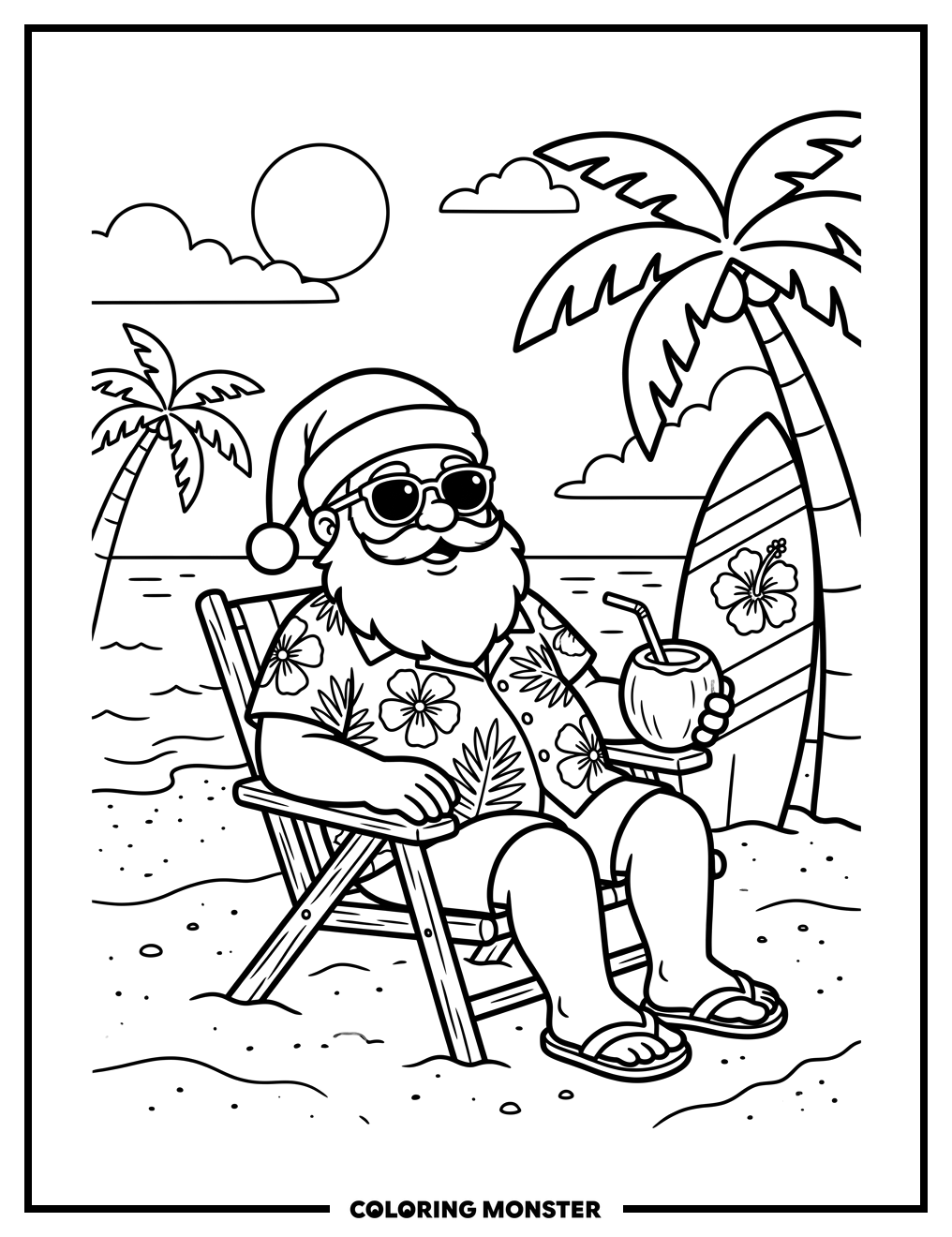 Santa Relaxing On Tropical Beach Coloring Page