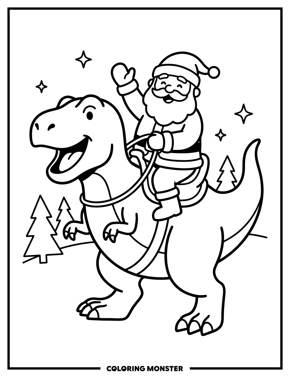 Santa Riding a Dinosaur Coloring Page