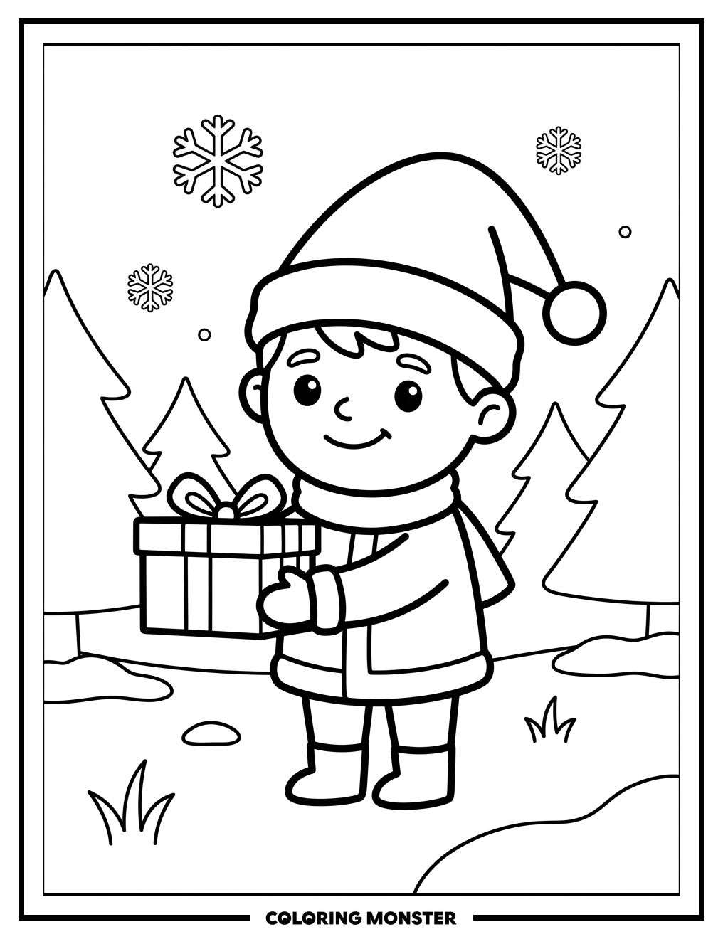 Santa's Helper Holding a Gift Coloring Page