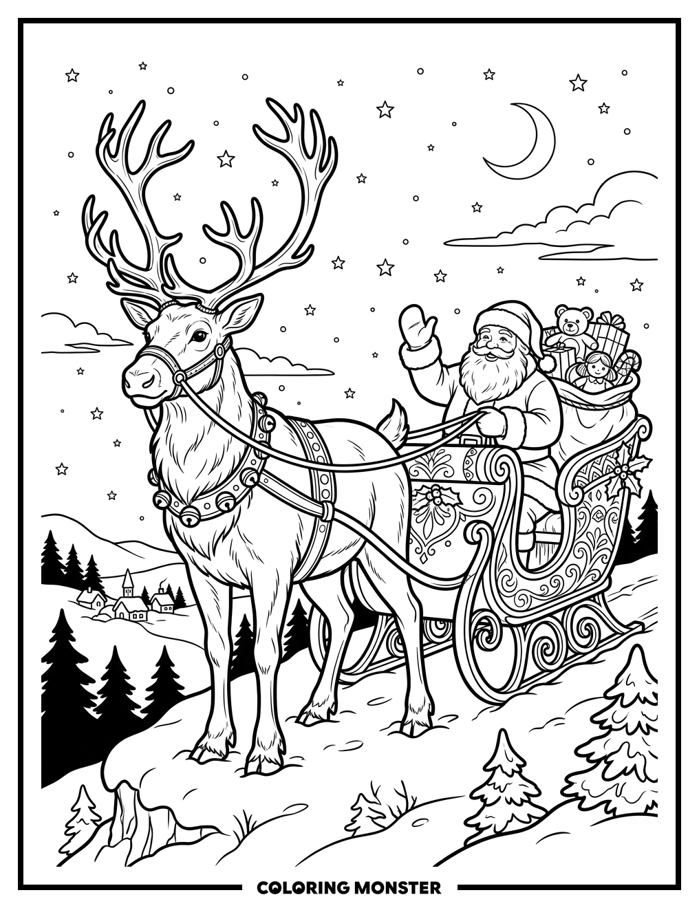 Santa's Reindeer and Sleigh Coloring Page