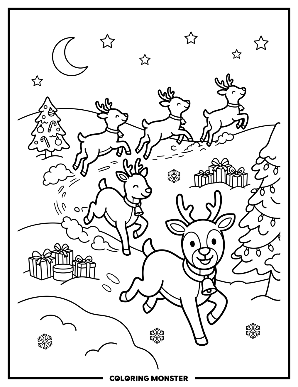 Santa's Reindeer Prancing in Snow Coloring Page