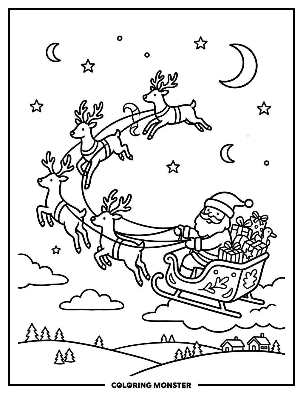 Santa's Sleigh in Starry Sky Coloring Page