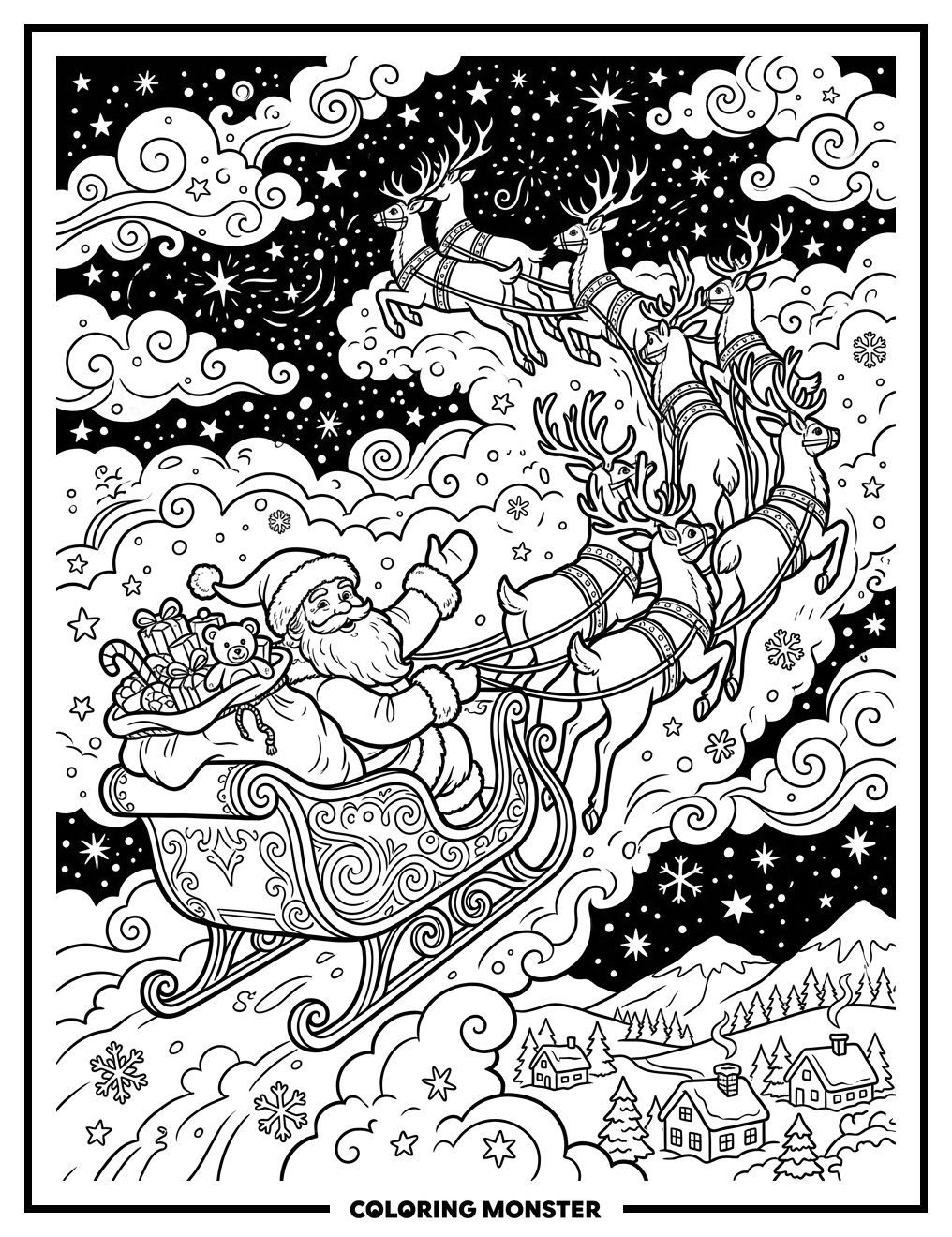 Santa's Sleigh Ride Through the Night Sky Coloring Page