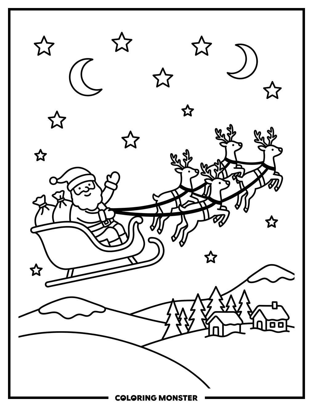 Santa's Sleigh Through Starry Night Coloring Page