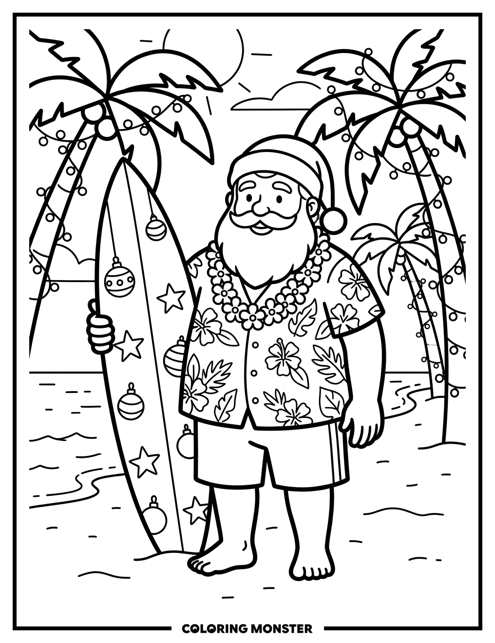 Santa's Tropical Christmas Beach Coloring Page
