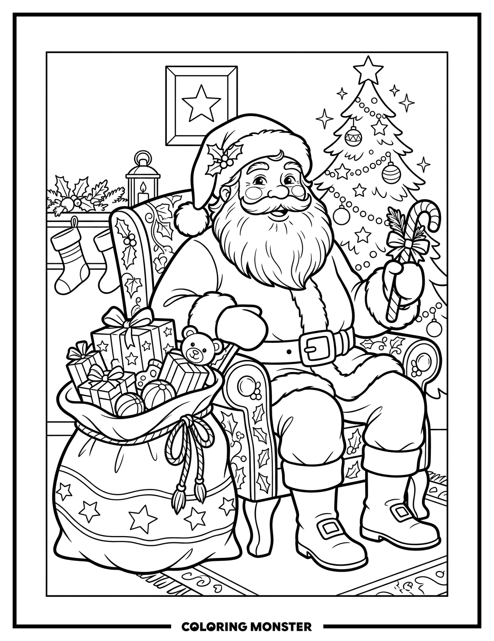 Santa With Gifts and Candy Cane Coloring Page