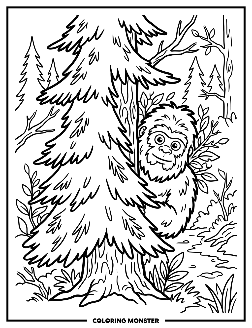 Sasquatch Behind Evergreen Tree Coloring Page