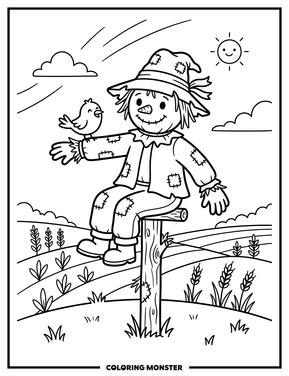 Scarecrow and Bird in Field Coloring Page