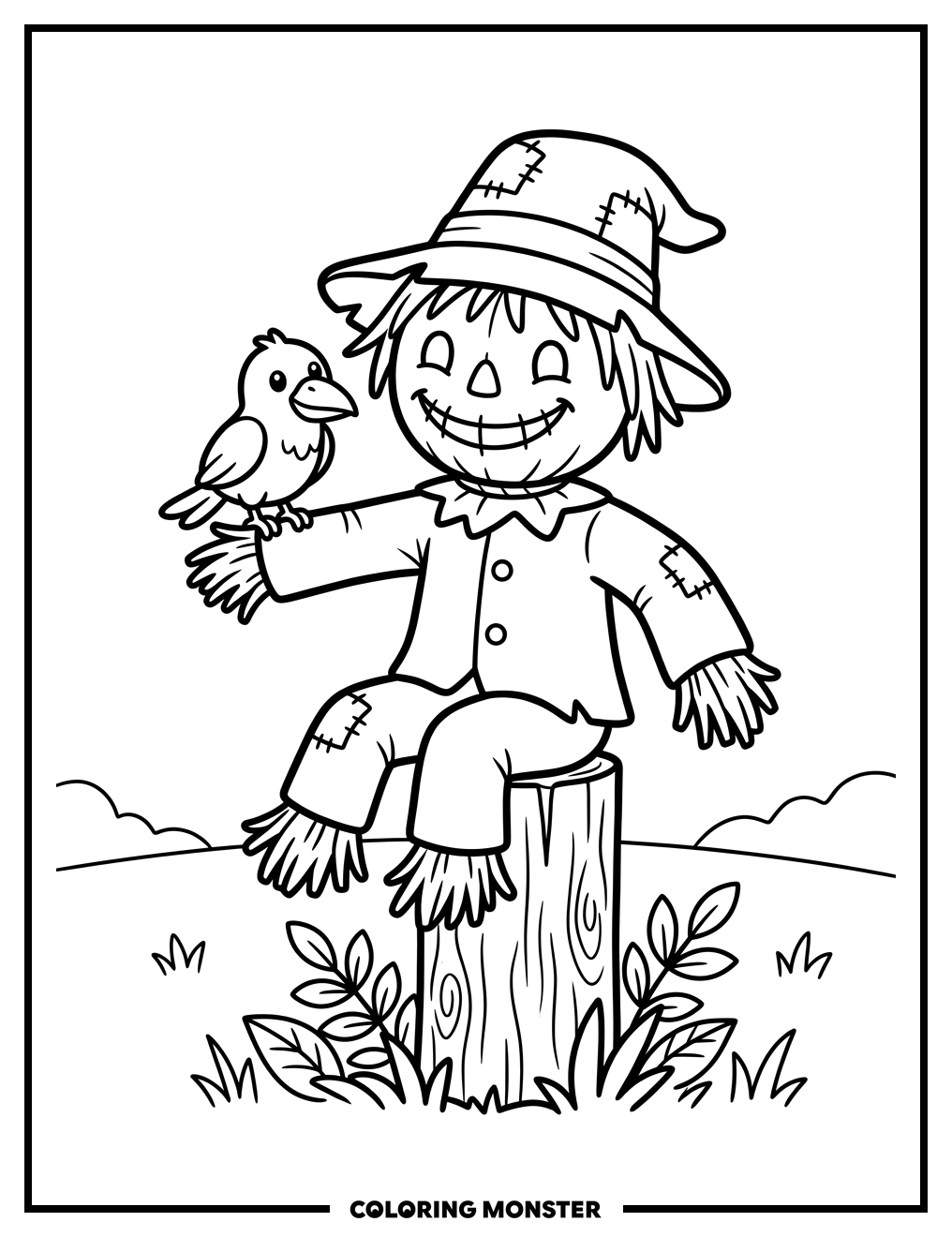 Scarecrow and Crow in Field Coloring Page