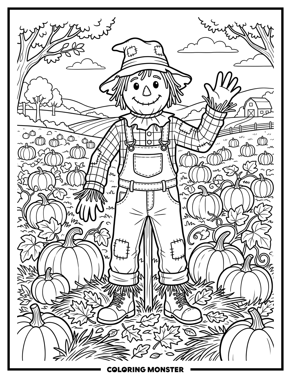 Scarecrow In A Pumpkin Patch Coloring Page