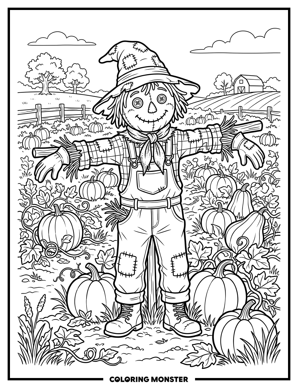Scarecrow In A Pumpkin Patch Coloring Page