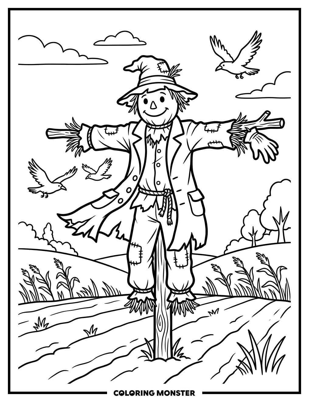 Scarecrow in a Windy Field Coloring Page