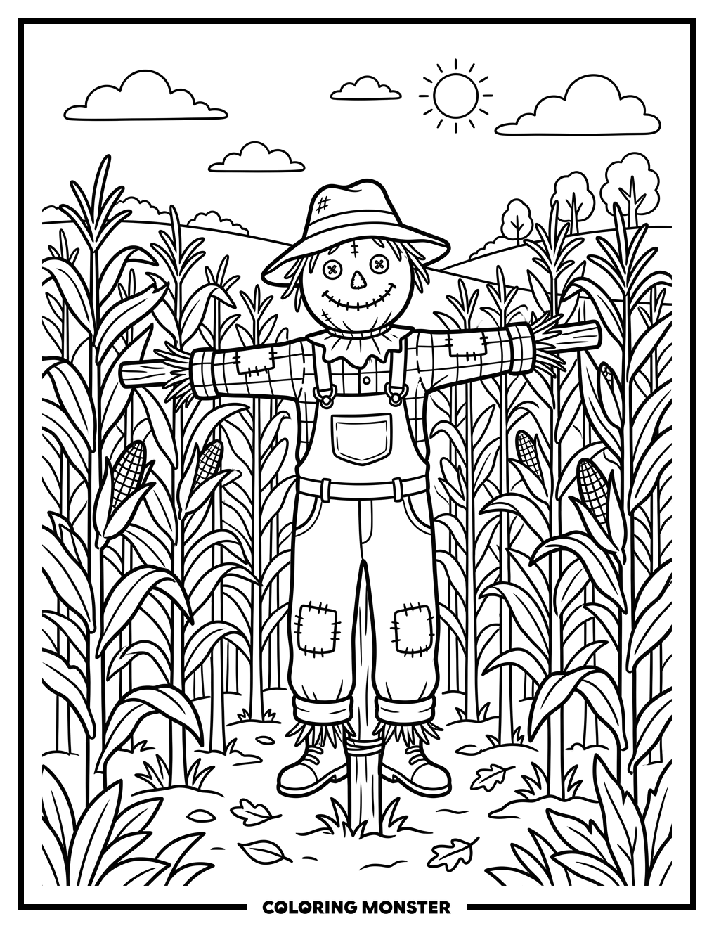 Scarecrow in Cornfield Coloring Page