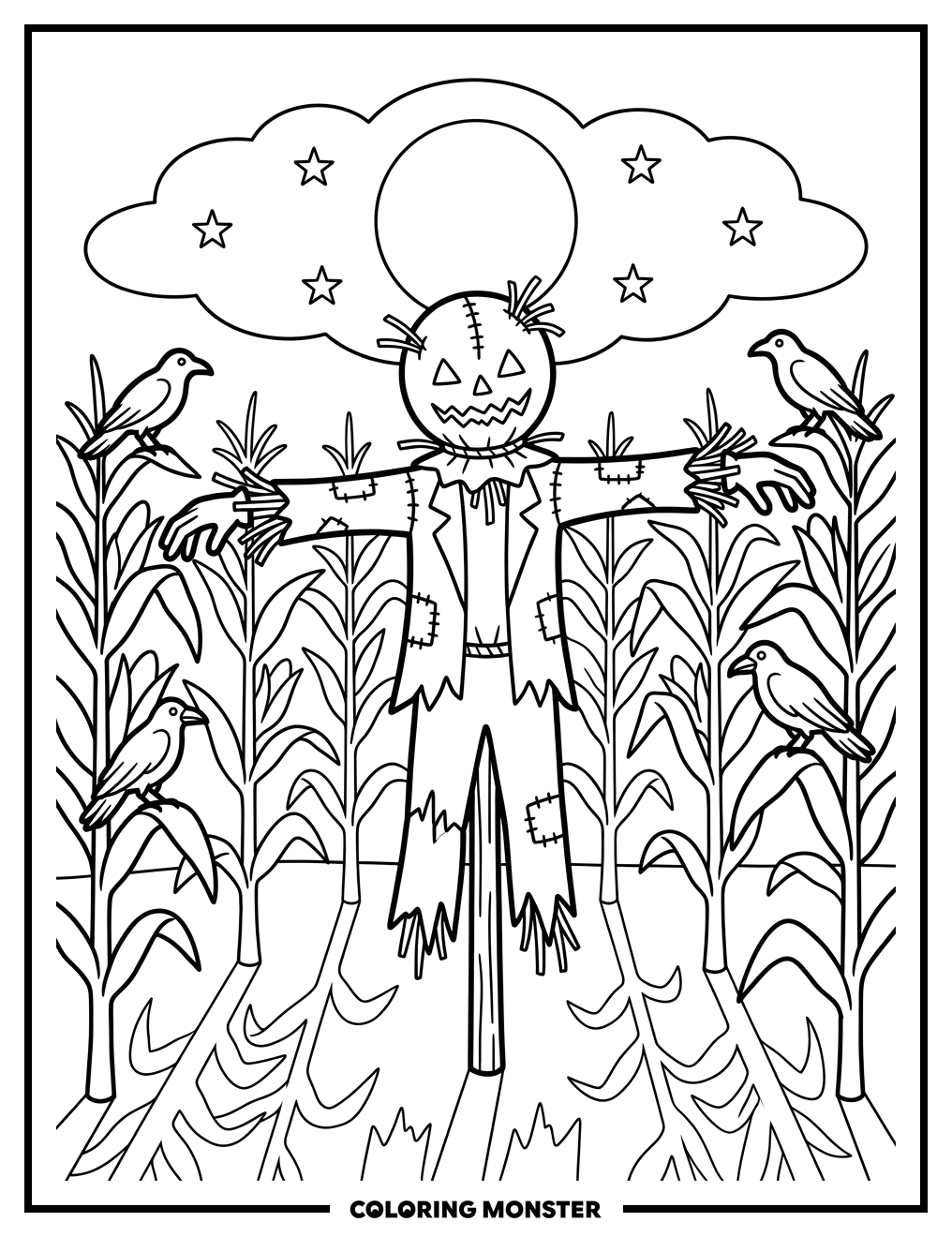 Scarecrow in Moonlit Cornfield Coloring Page
