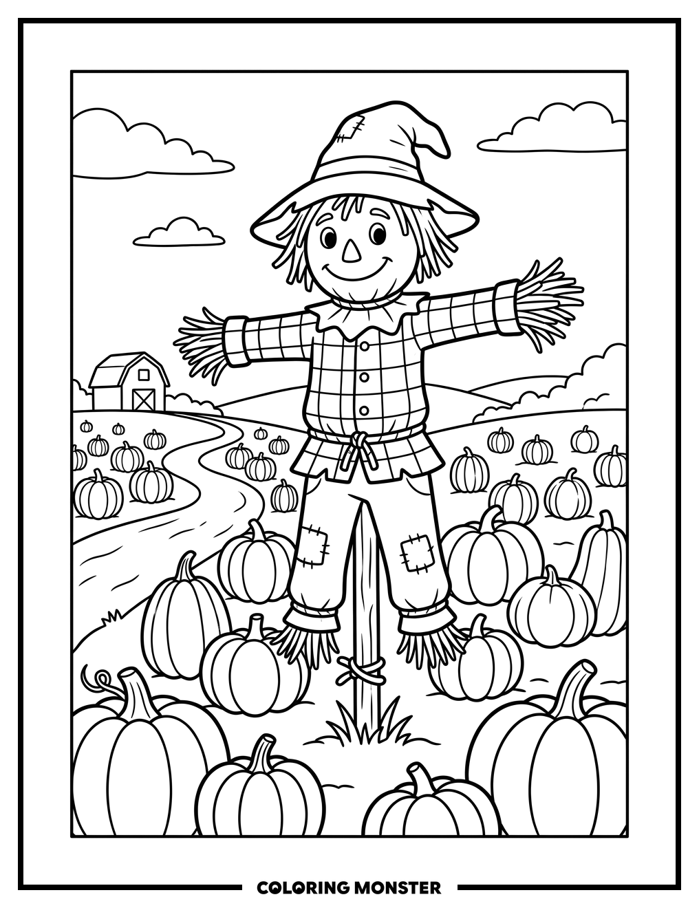 Scarecrow in Pumpkin Patch Coloring Page