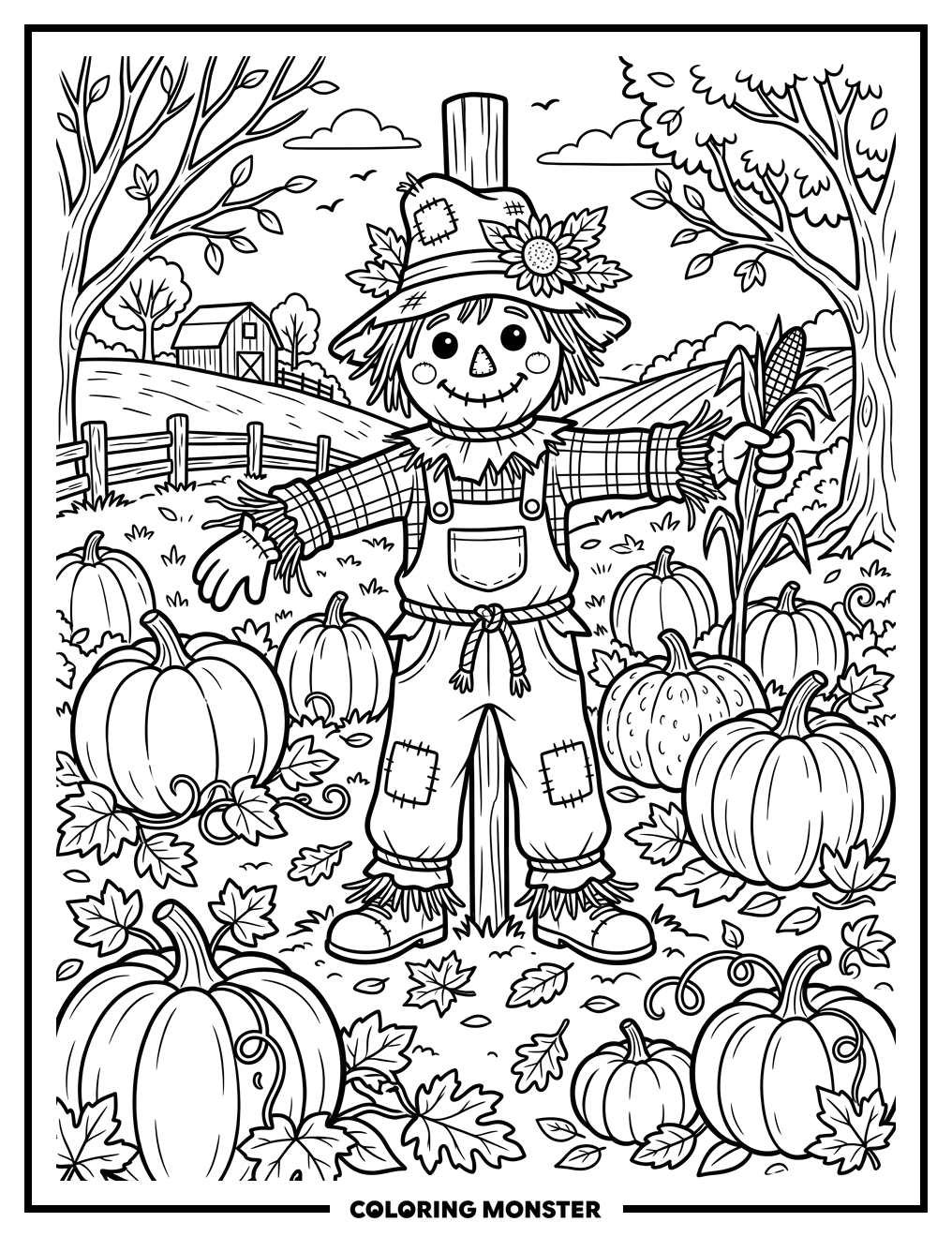 Scarecrow In Pumpkin Patch Coloring Page