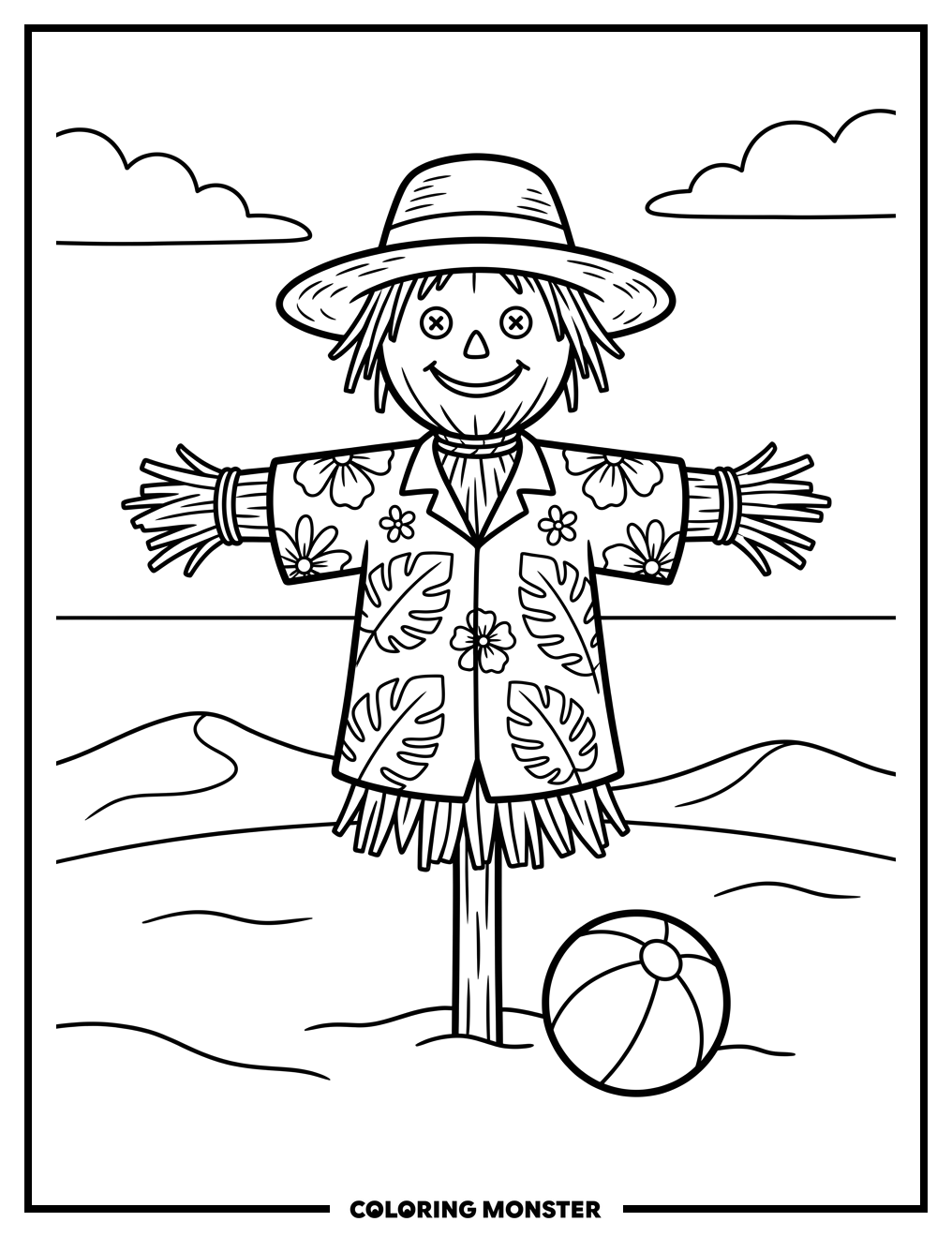 Scarecrow on the Beach Coloring Page