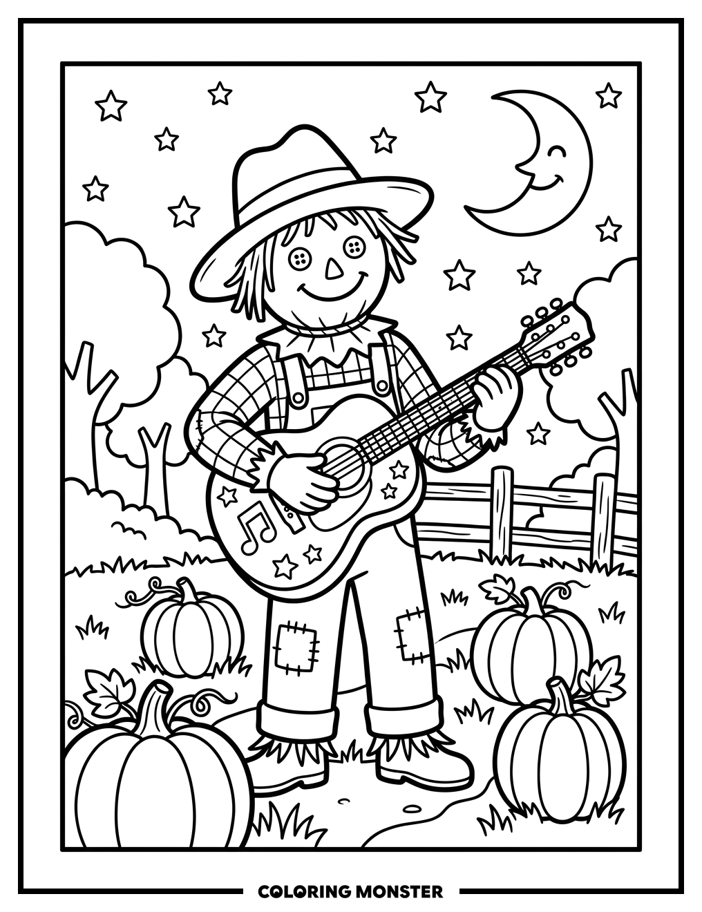 Scarecrow Playing Guitar in Pumpkin Patch Coloring Page