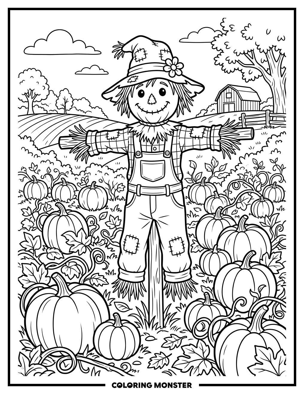 Scarecrow Surrounded by Pumpkins Coloring Page