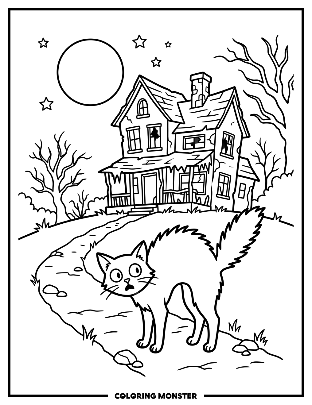 Scared Black Cat Near Haunted House Coloring Page