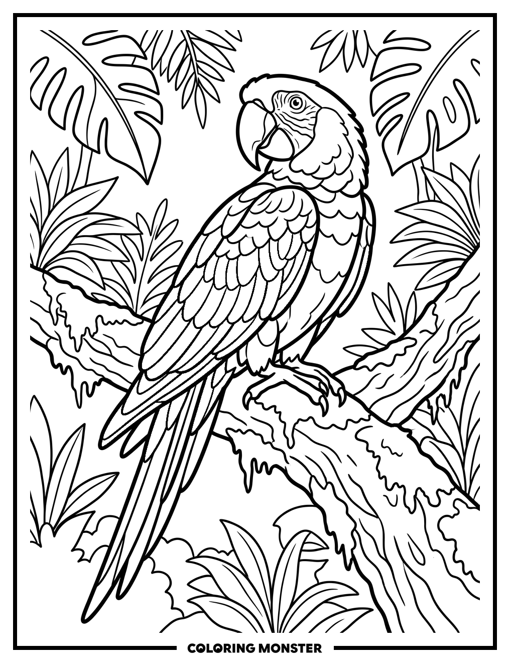 Scarlet Macaw on Jungle Branch Coloring Page