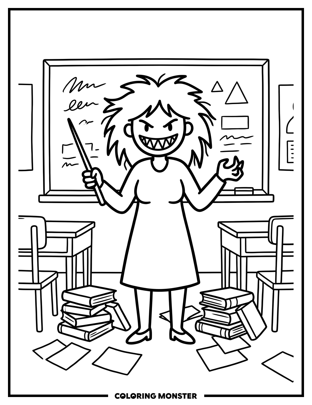 Scary Teacher at Blackboard Coloring Page