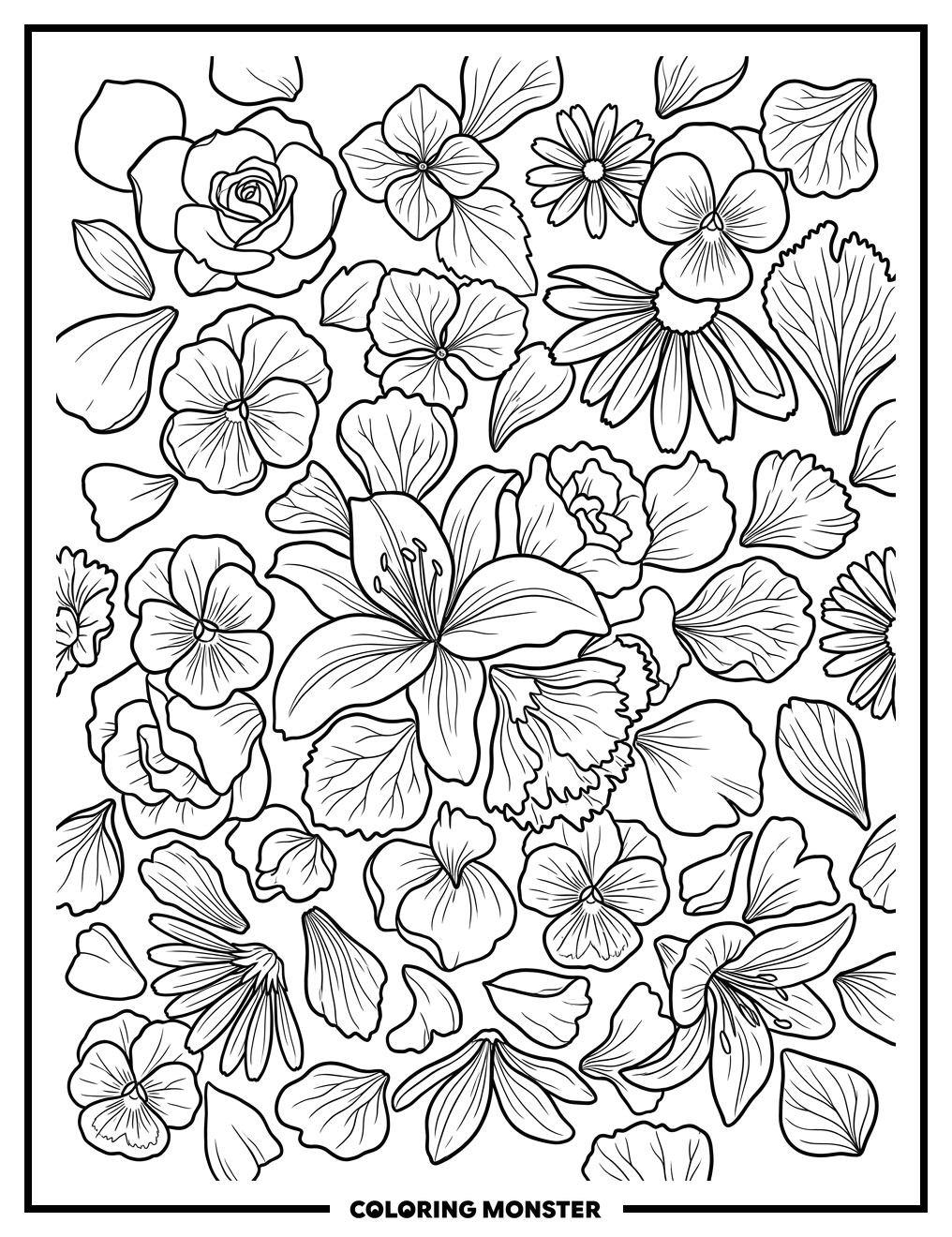 Scattered Flower Petals on Surface Coloring Page