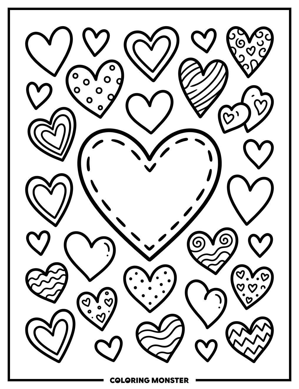 Scattered Hearts of Love Coloring Page