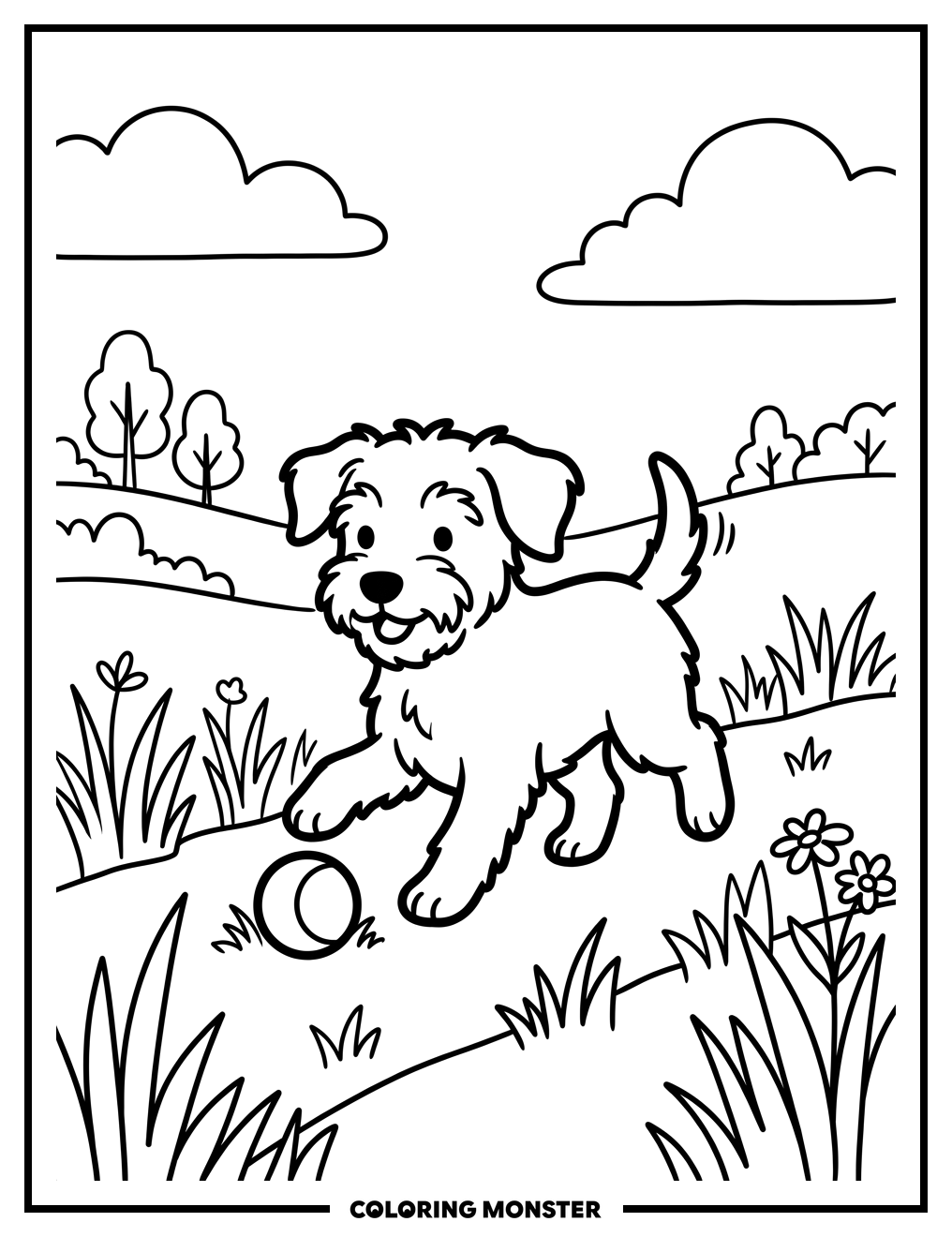 Schnoodle Puppy Playing With Ball Coloring Page
