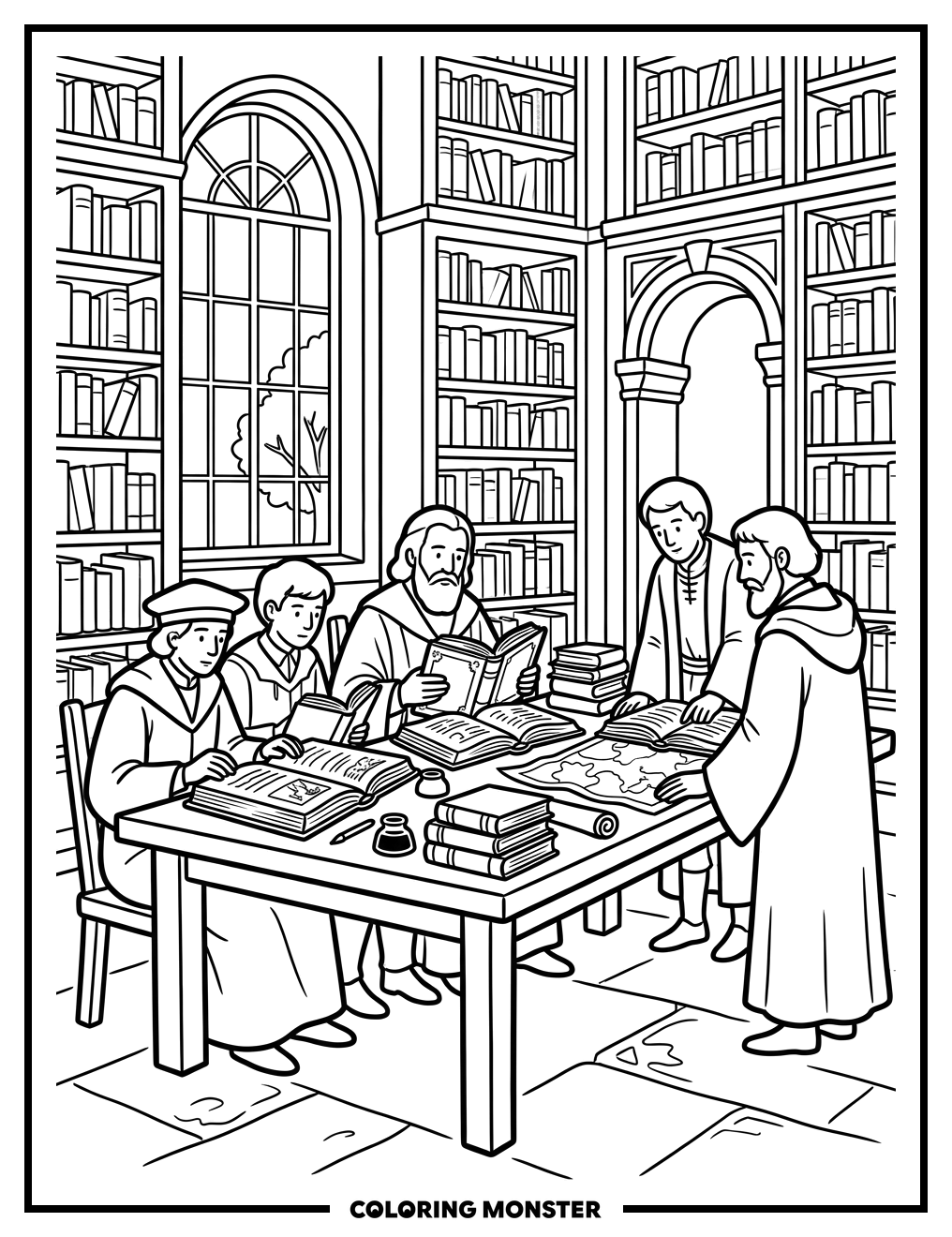 Scholars Studying in Grand Library Coloring Page