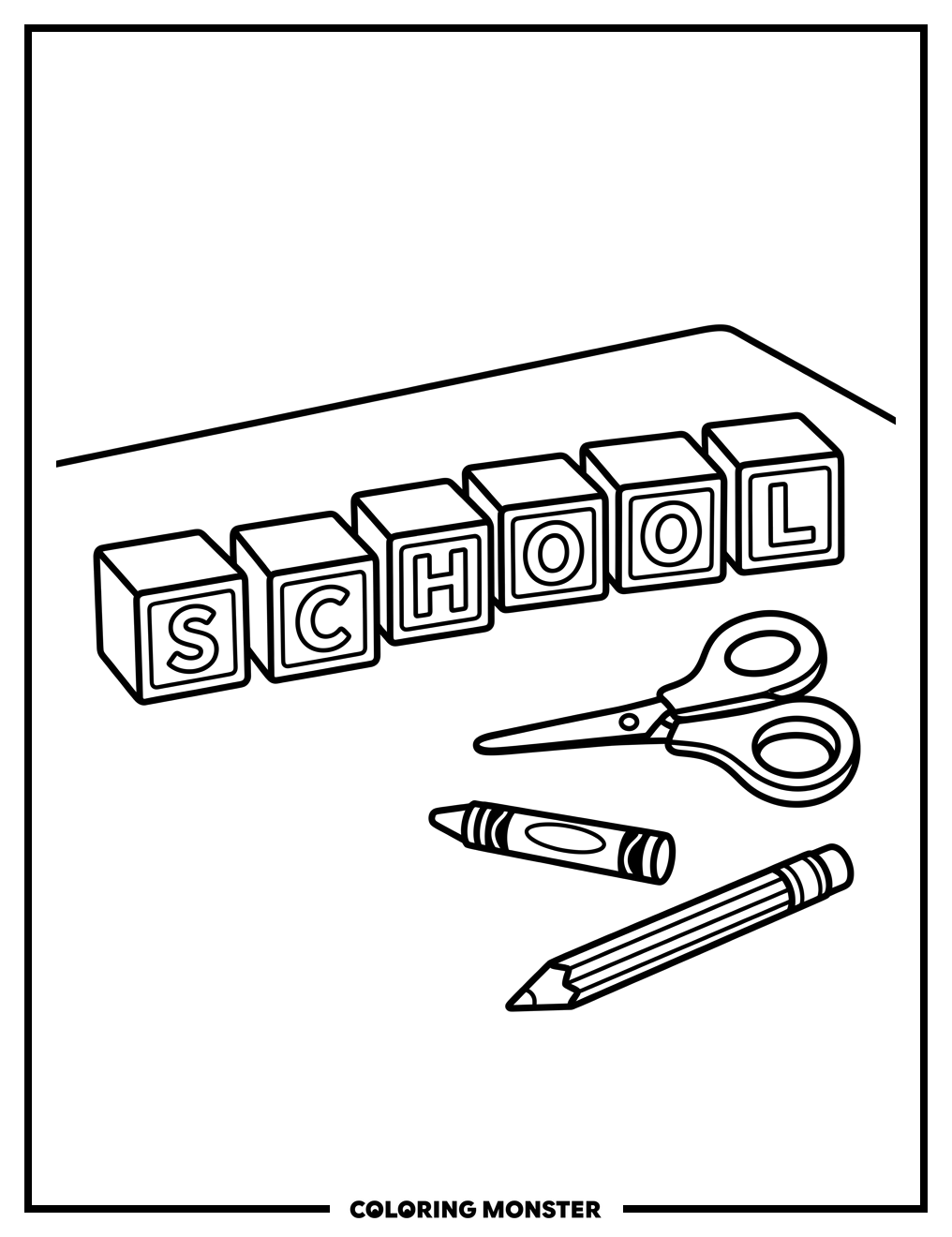 School Blocks with Art Supplies Coloring Page