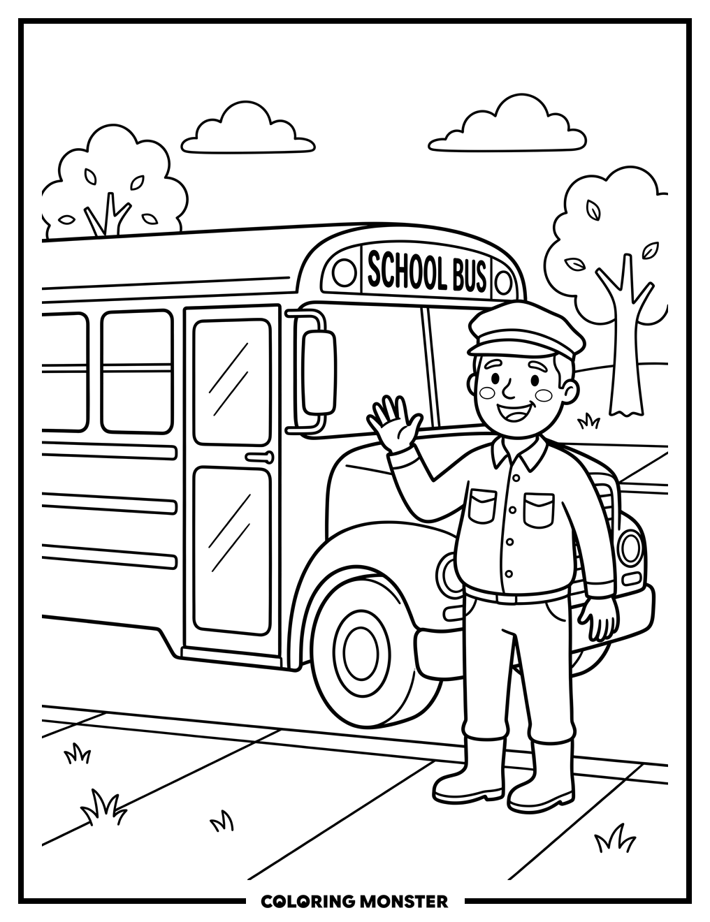 School Bus and Driver Waving Coloring Page