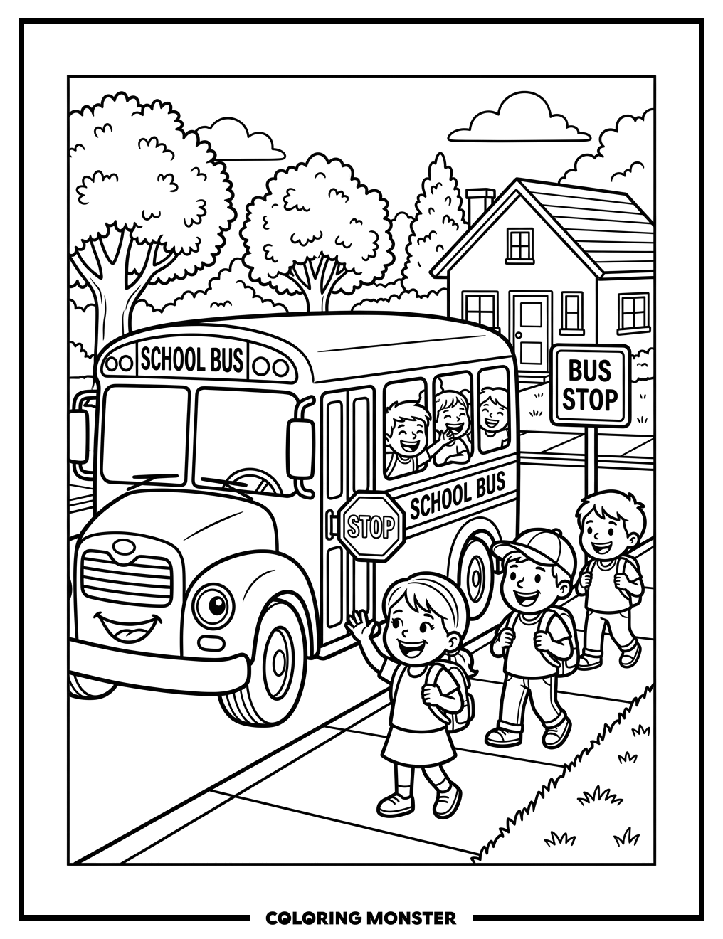 School Bus Arrival At Bus Stop Coloring Page