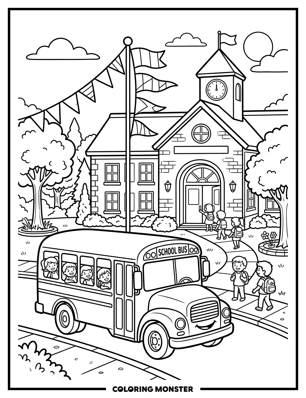 School Bus Arriving At School Coloring Page