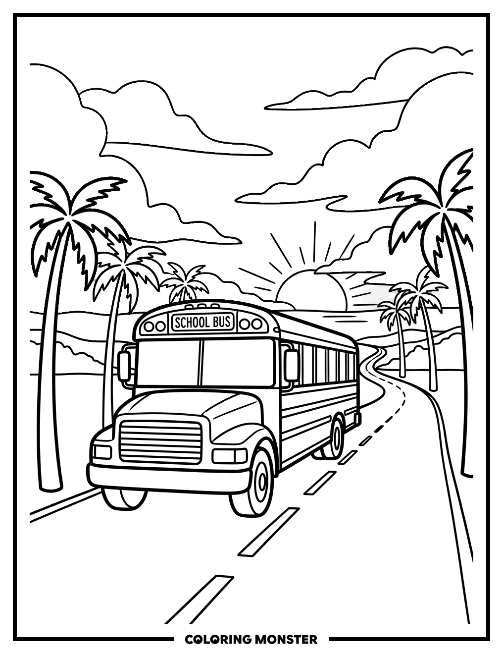 School Bus Drives Towards Sunset Coloring Page